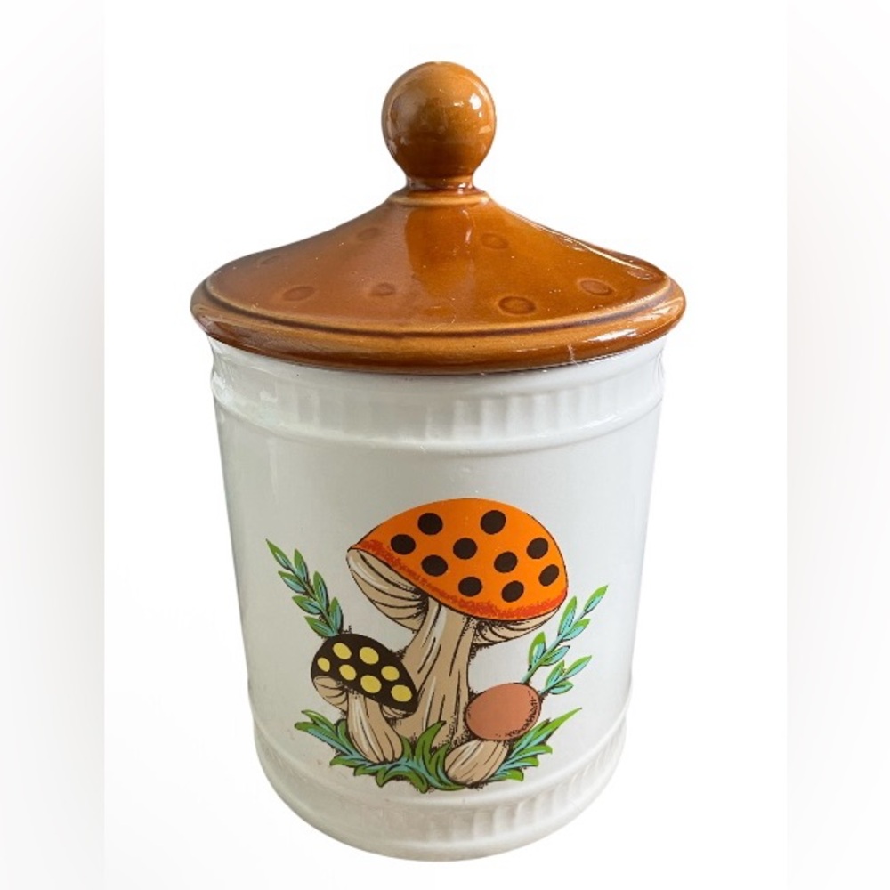 🚫SOLD🚫 Ceramic Mushroom Canister with Orange Lid - Home Kitchen Storage